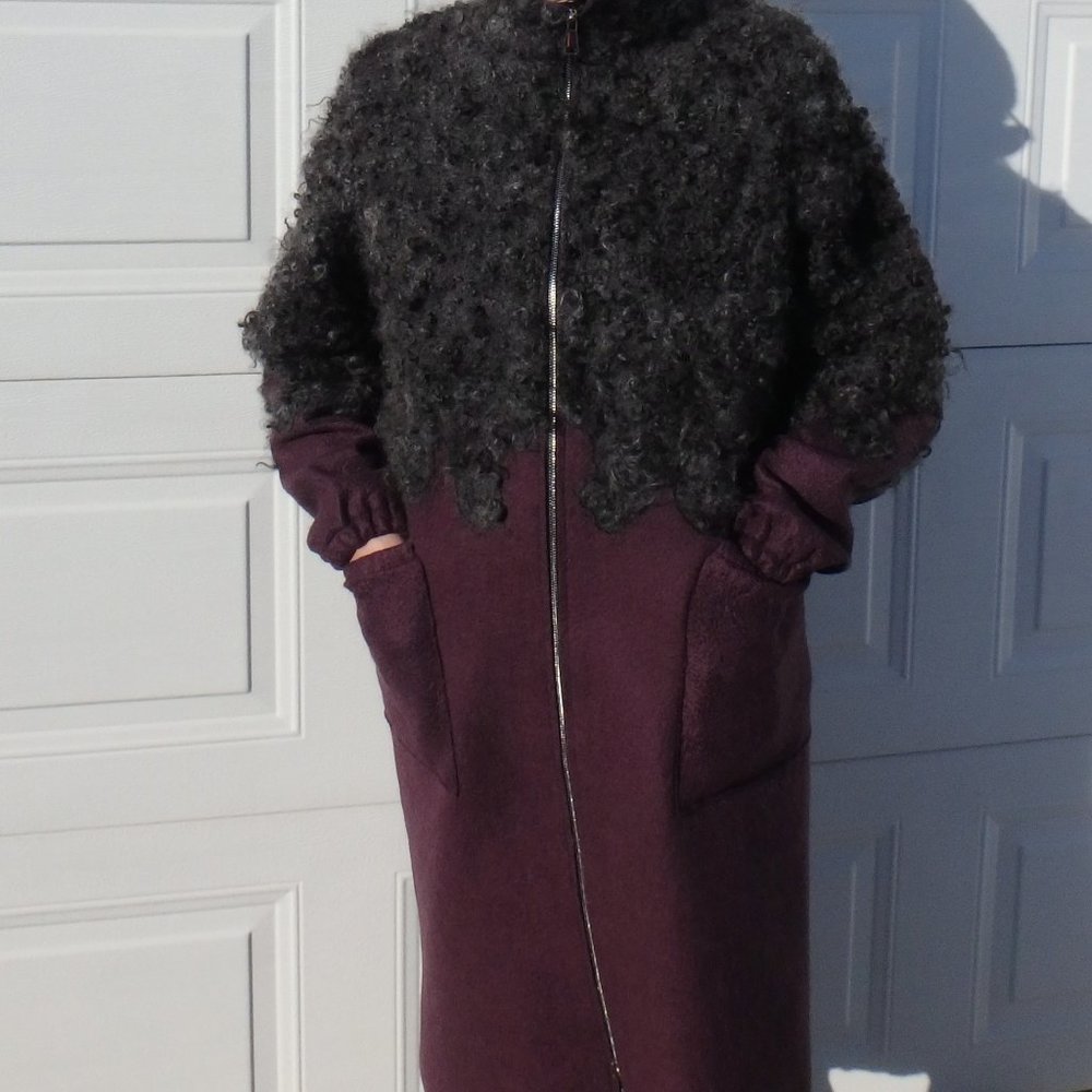 Hand felted ladies coat with detachable hood.